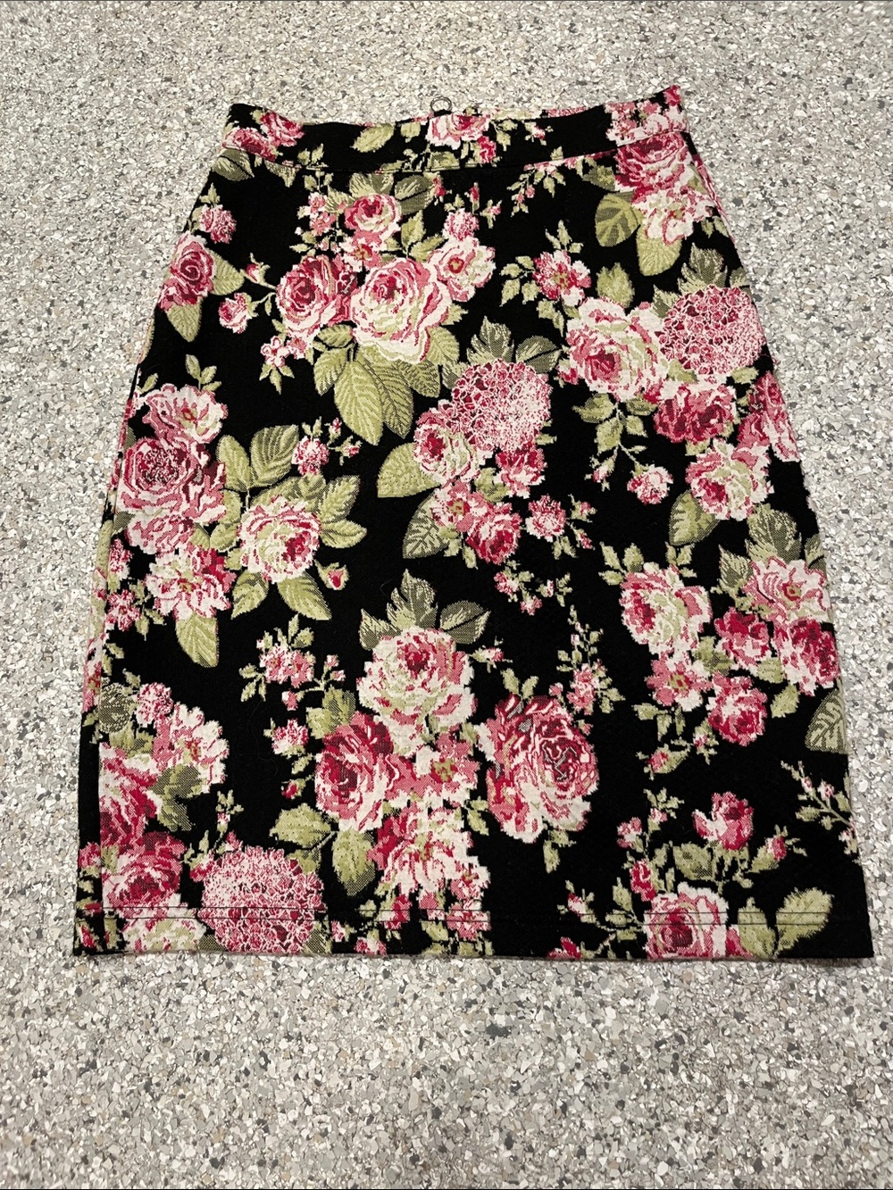 Maeve Black Pencil Skirt with Pink Rose Floral Print